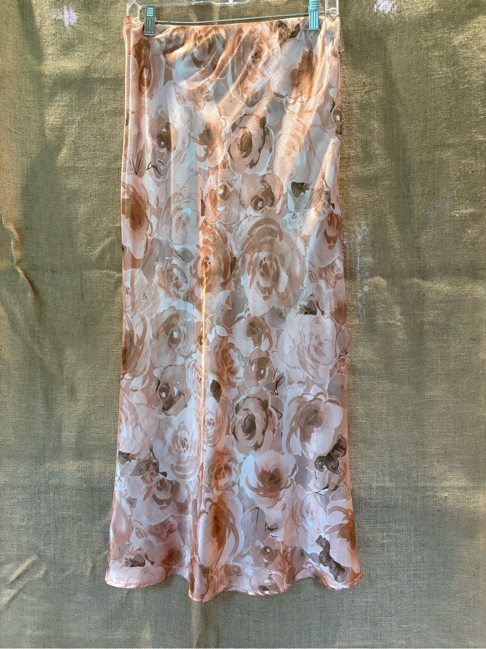 Blue Blush Rose-Print Satin Maxi Skirt in Blush and Taupe